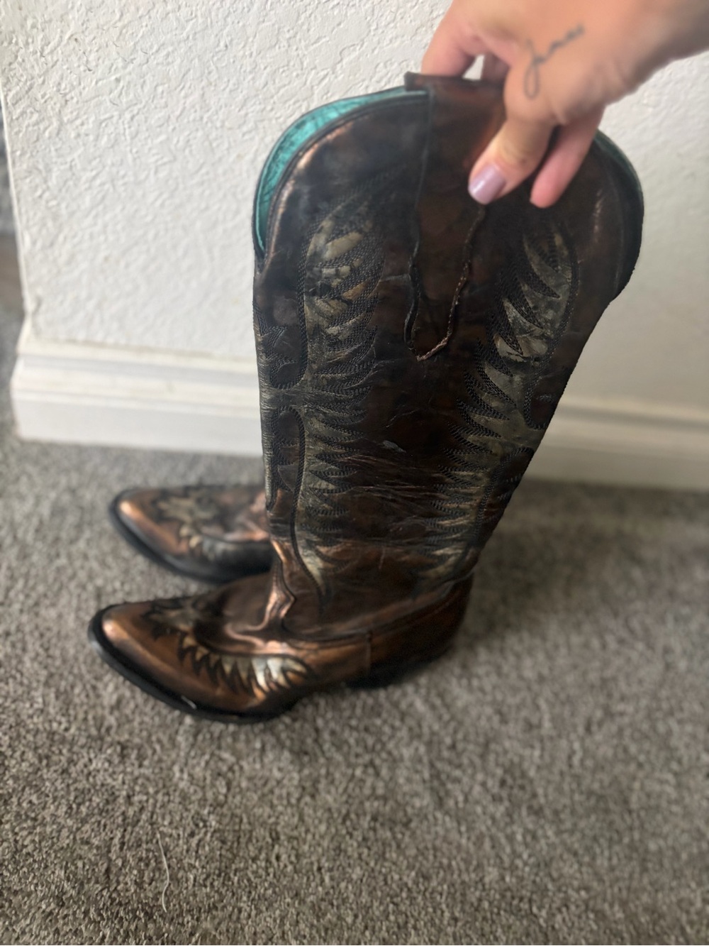 Women's Metallic Brown and turquoise corral Western Heeled Boots